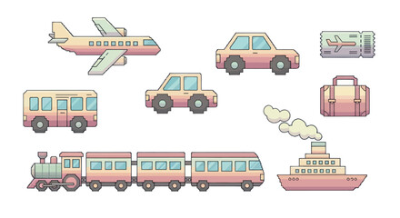 Obraz premium Pixel Art Travel Icons: Plane, Train, Car, Bus, Ship, Luggage, Ticket