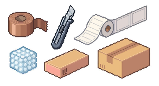 Pixel Art Shipping and Packaging Icons: Box, Tape, Cutter, Labels, Bubble Wrap