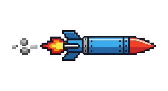 Pixel art rocket ship blasting off 1. PNG Transparent Background