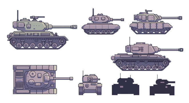 Pixel Art Tanks Set: Military Vehicles Vector Icons