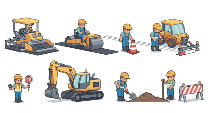Road construction workers and heavy machinery cartoon vector illustration set