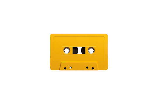 Yellow audio cassette tape centered on a transparent background, symbolizing vintage sound, classic music, and 80s or 90s media