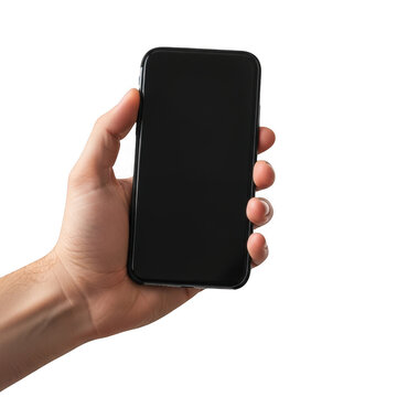 Hand holding a black smartphone with blank screen isolated on transparent background