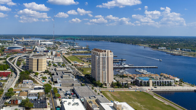 Aerial shot along the St Johns River in Jacksonville Florida USA