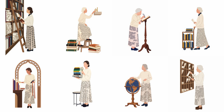 Collection of flat vector illustrations depicting senior women engaged in scholarly activities like reading and researching in a library or archive setting.