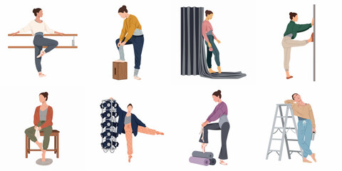 Collection of illustrations of a female ballet dancer in various practice, stretching, and resting poses wearing comfortable dance apparel. © Nadya