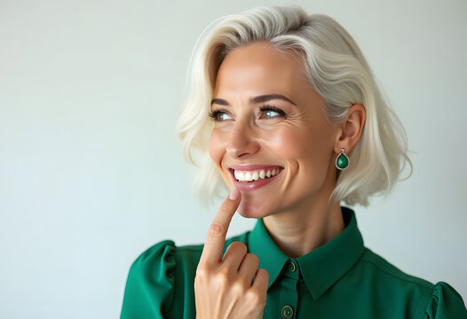 Woman With Short Blonde Hair Smiles While Touching Her Chin in a Green Blouse in a Simple Indoor Space