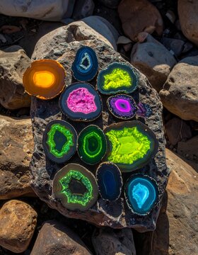 Vibrant Fluorescent Agate Geodes Displayed on Natural Rocks.