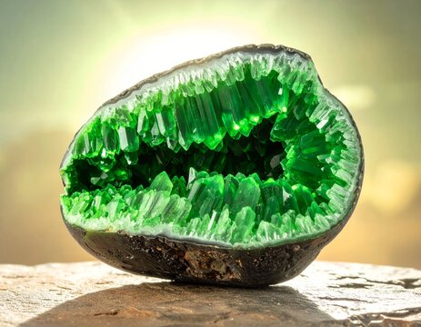 Vibrant Green Geode Crystal Formation with Sparkling Emerald Interior.