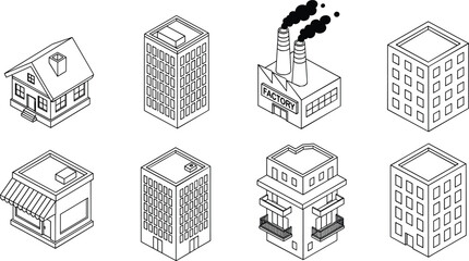 WebIsometric illustration of urban and suburban buildings including houses, offices, factories, shops, and apartments showcasing diverse architectural styles in modern cityscape design elements © MstNur