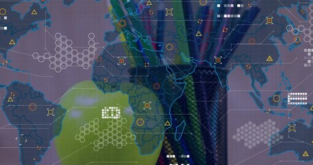 Naklejka premium Displaying stylized world map at map center, showing grid, hex clusters, node markers, green blob