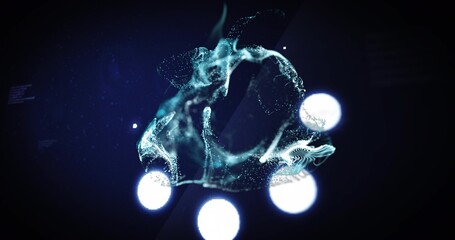 Swirling blue-green particle cloud twisting in dark studio, with three white orbs and left glyphs © vectorfusionart