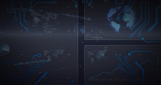 Displaying abstract HUD graphics pulsing in virtual dashboard, with globe, circuit traces, charts