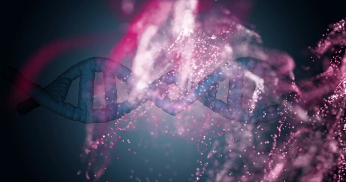 Floating blue DNA double helix spiraling in dark teal-to-black backdrop, with pink particle clouds
