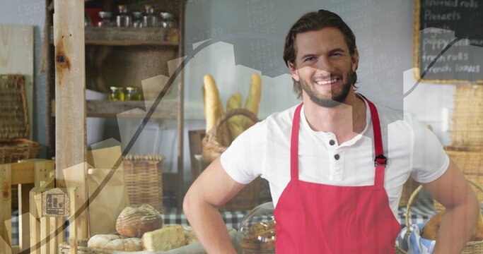 Smiling baker in red apron white-henley behind bakery counter showing loaves baskets chart overlay