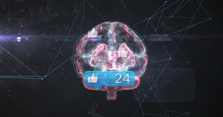 Fototapeta premium Floating neon hologram brain glowing in dark mesh space, showing thumbs-up icons and blue 24 badge