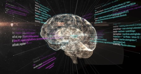 Glowing 3D brain hologram pulsing in virtual data space, with neon code panels and particle streaks © vectorfusionart