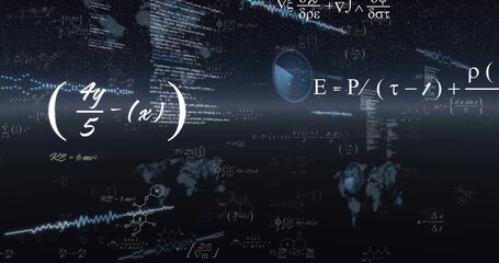 Fototapeta premium Floating formula cluster drifting in starfield visual, with globe integrals molecules and waveforms