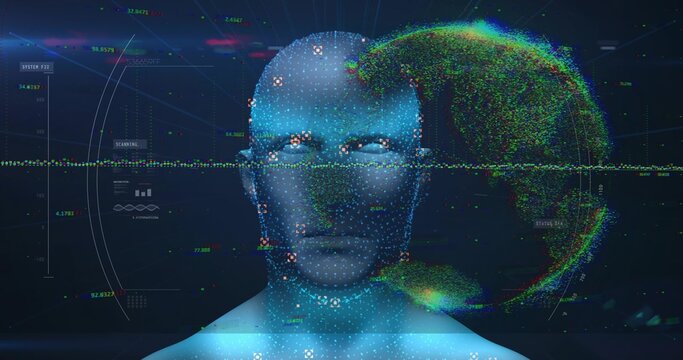Scanning 3D digital bust showing glowing dots and scanline at virtual console with particle globe
