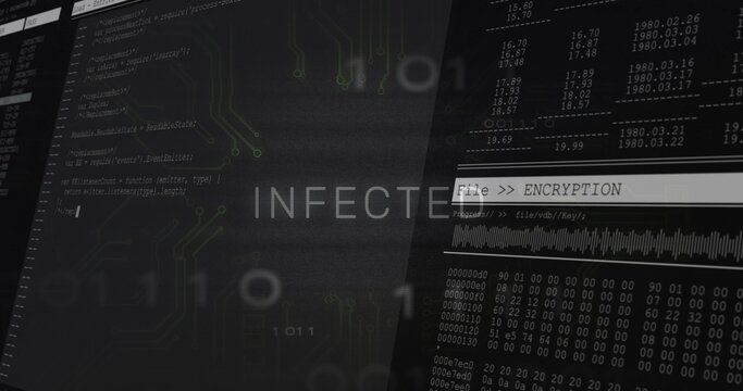 Displaying central INFECTED label and adjacent encryption panel on computer display, with hex dump