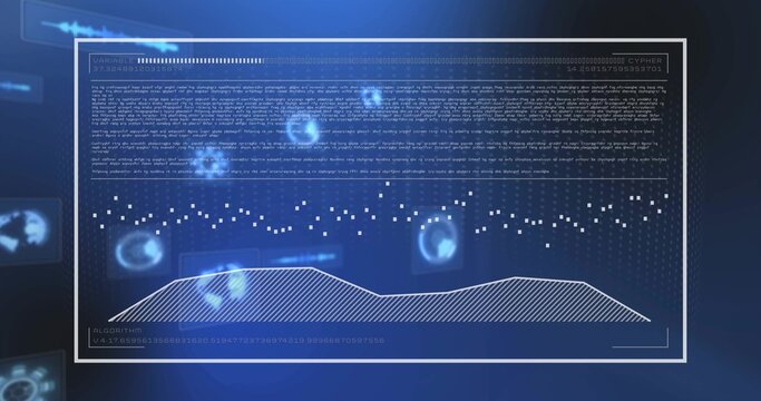 Showing holographic panel floating over blue gradient, featuring dotted matrix, waveform and icons