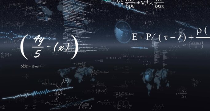 Floating formula cluster drifting in starfield visual, with globe integrals molecules and waveforms