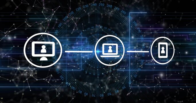 Connecting desktop, laptop, smartphone icons exchanging data in digital network, with traces