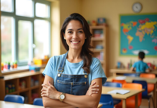 Smiling Teacher Stands in Classroom With Students Engaged in Learning Activities During Daytime