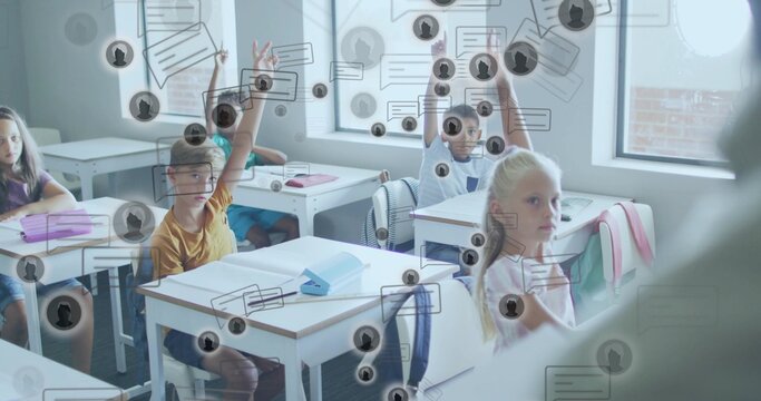 Sitting light-haired girl in light top at classroom desk, watching teacher with AR overlays