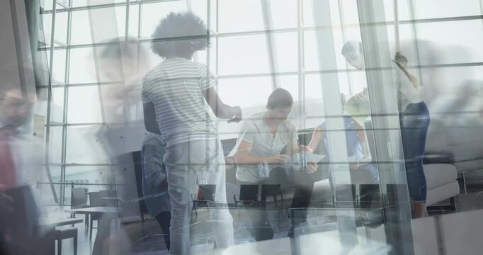 Woman gesturing at travel gate waiting as traveler swiping phone causing ghost overlays on glass