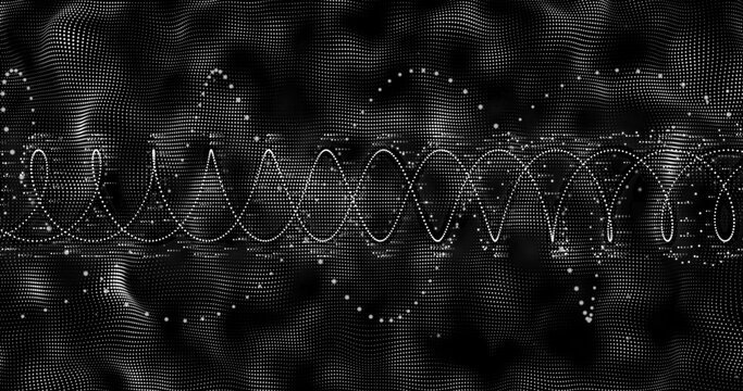 Showing central horizontal dotted waveform pulsing on deep black field, with point-cloud nodes