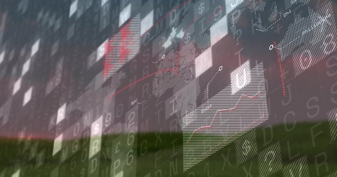 Hovering digital data visualization streaming over grassy horizon at dusk, with translucent panels