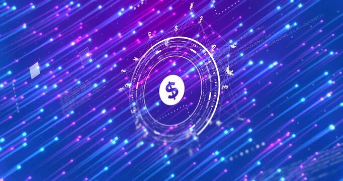 White HUD dollar sign appearing on start, rings rotating and glyphs orbiting, showing finance