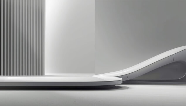 Minimal futuristic interior scene with smooth white platforms and curved surfaces evoking calm