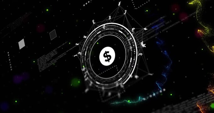 Camera orbiting initiating dollar HUD rotating and tilting while ribbons pulsing, showing finance