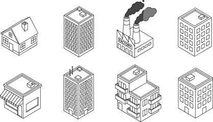 WebIsometric illustration of diverse urban and suburban buildings including houses, offices, factories, storefronts, and apartments showcasing architectural variety in modern cityscape design elements © MstNur