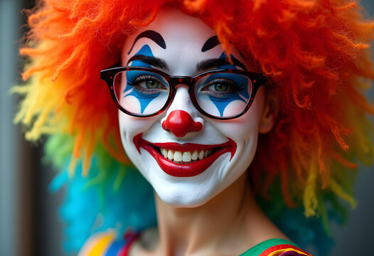 Clown With Colorful Hair and Glasses Smiles for the Camera at a Festive Event in Daytime