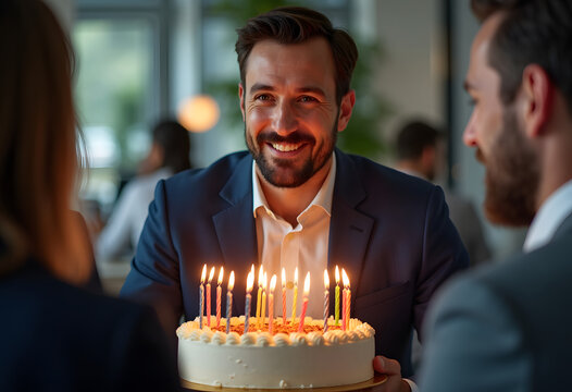 Birthday Celebration With Friends at a Restaurant During the Evening With a Cake Holding Candles in Front of a Smiling Man