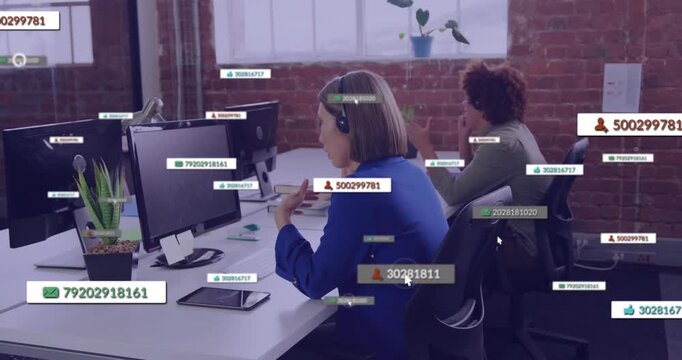 Support rep typing, speaking on headset with incoming IDs appearing on screens while verifying ID