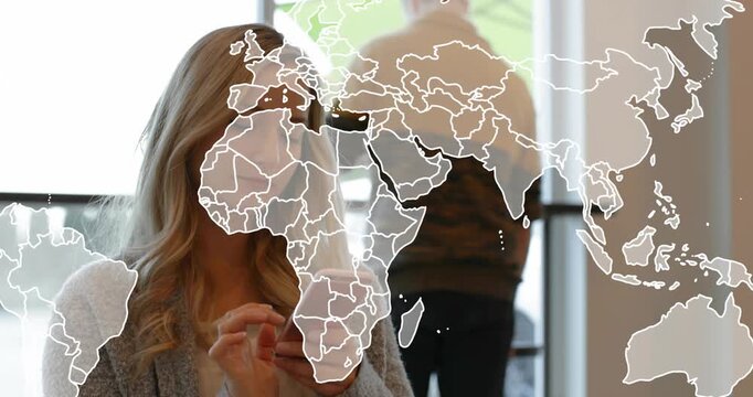 Woman tapping pink phone at cafe window starting travel map overlay growing as passer moving behind