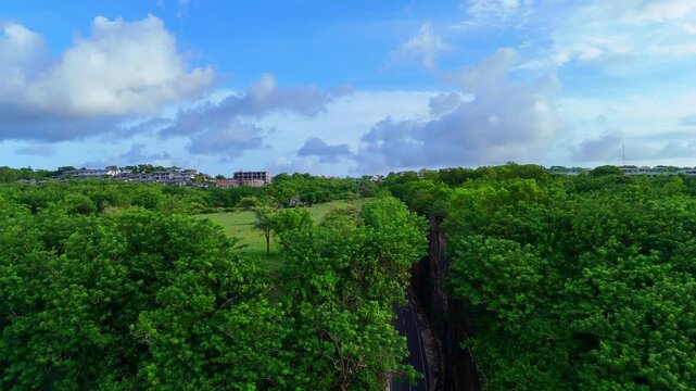 Breathtaking drone footage soaring over a canyon valley leading to the ocean. Towering rugged cliffs, vibrant green agricultural fields, and turquoise water. Captured in 16:9 horizontal format. Perfec