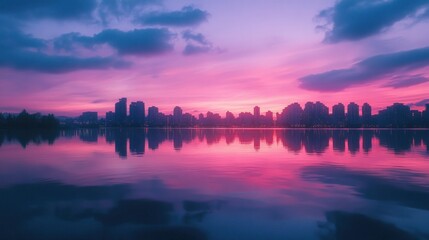 Fototapeta premium Cityscape silhouette reflecting on the water at sunset