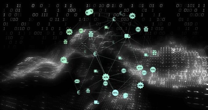 Network sphere pulsing and descending, driving node spread, icons flashing showing data with binary