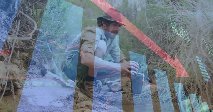Settling into squat, hiker reaching, opening, pouring flask for drinking near stream bed, with HUD