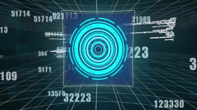 Glowing cyan reticle pulsing and rotating as camera moving forward, streaming numbers revealing 6G