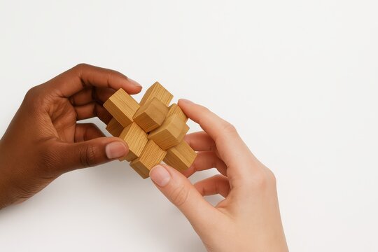 Wooden puzzle held by hands solving logic brain teaser teamwork effort concept