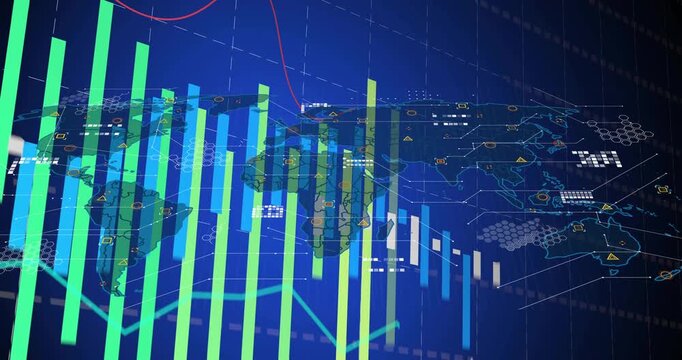 3D bar chart updating from left as incoming data feed driving finance map with red trend