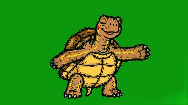 A friendly, stylized hand-drawn cartoon turtle character, isolated against a chroma key green screen background. This charming creature is perfect for children's animation, nature-themed games, educat