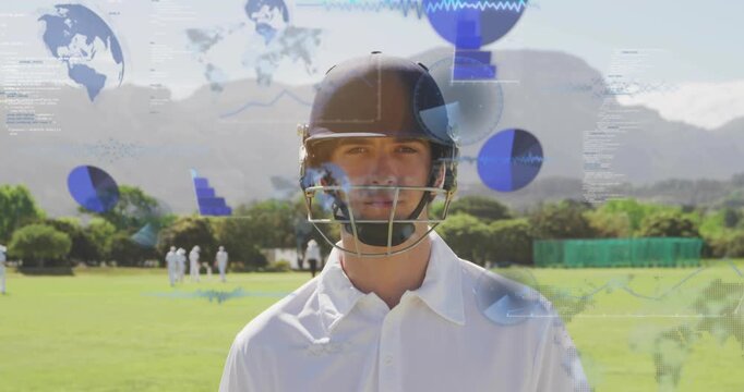 Helmeted player standing on field, sports analytics fading in around head, showing stats, smiling