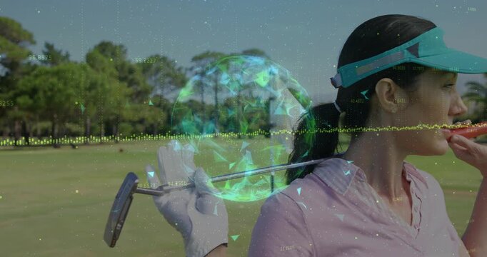 Cam pulling back, golfer moving putter on shoulder, mouthing red item, holo orb showing golf data